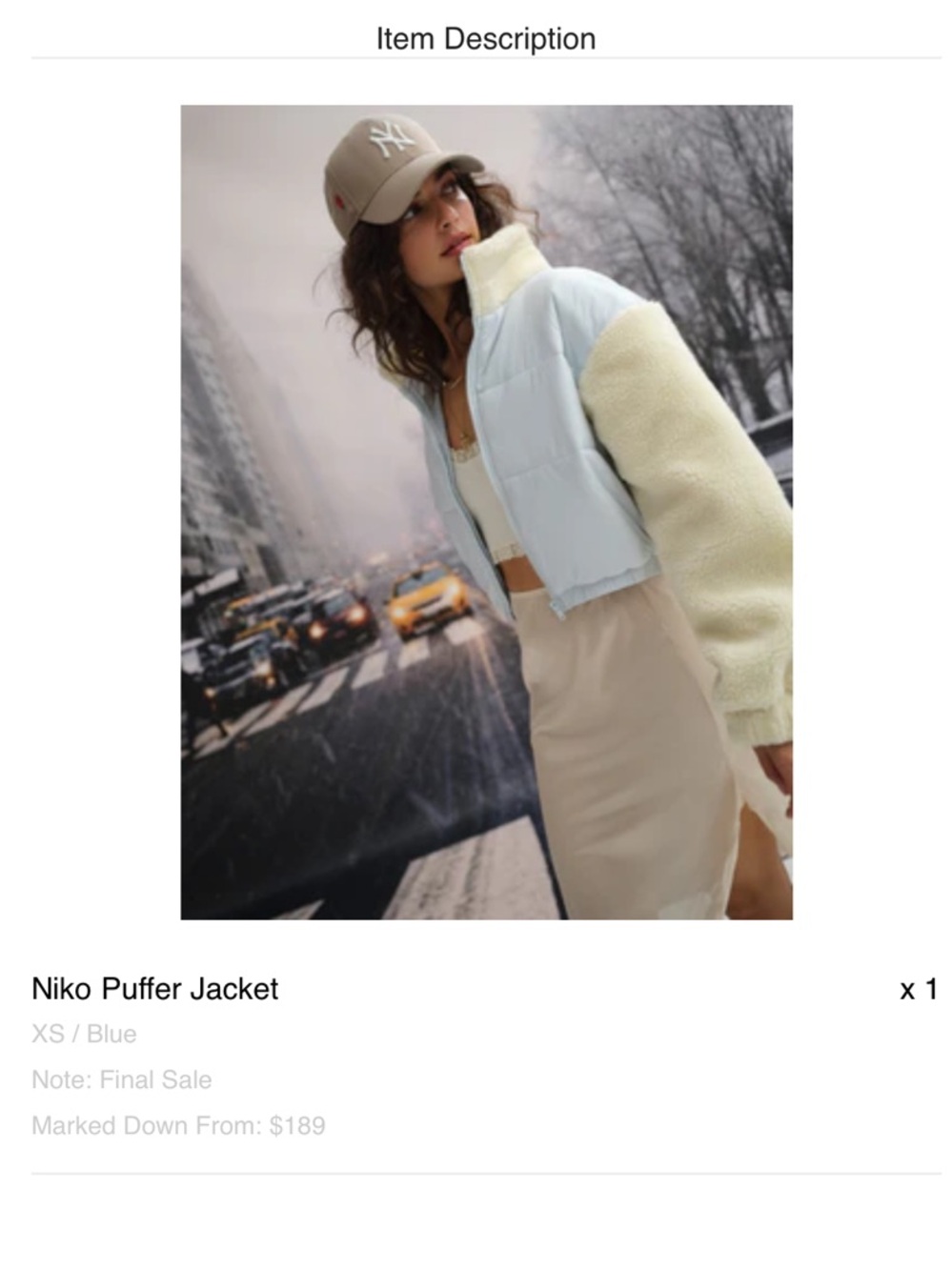 For Love And Lemons Light Blue Puffer with Cream Sherpa Sleeves (Never Worn)